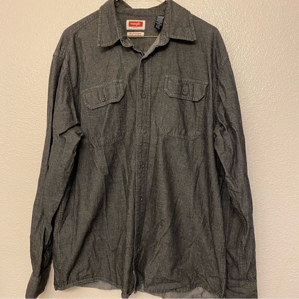 WRANGLER flex for comfort Grey black chambray Jean denim Button-Up Long Sleeve L